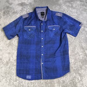 Komam MCMLXXIV Men’ Size 2XL Dark Blue Plaid Short Sleeve Button Down Shirt